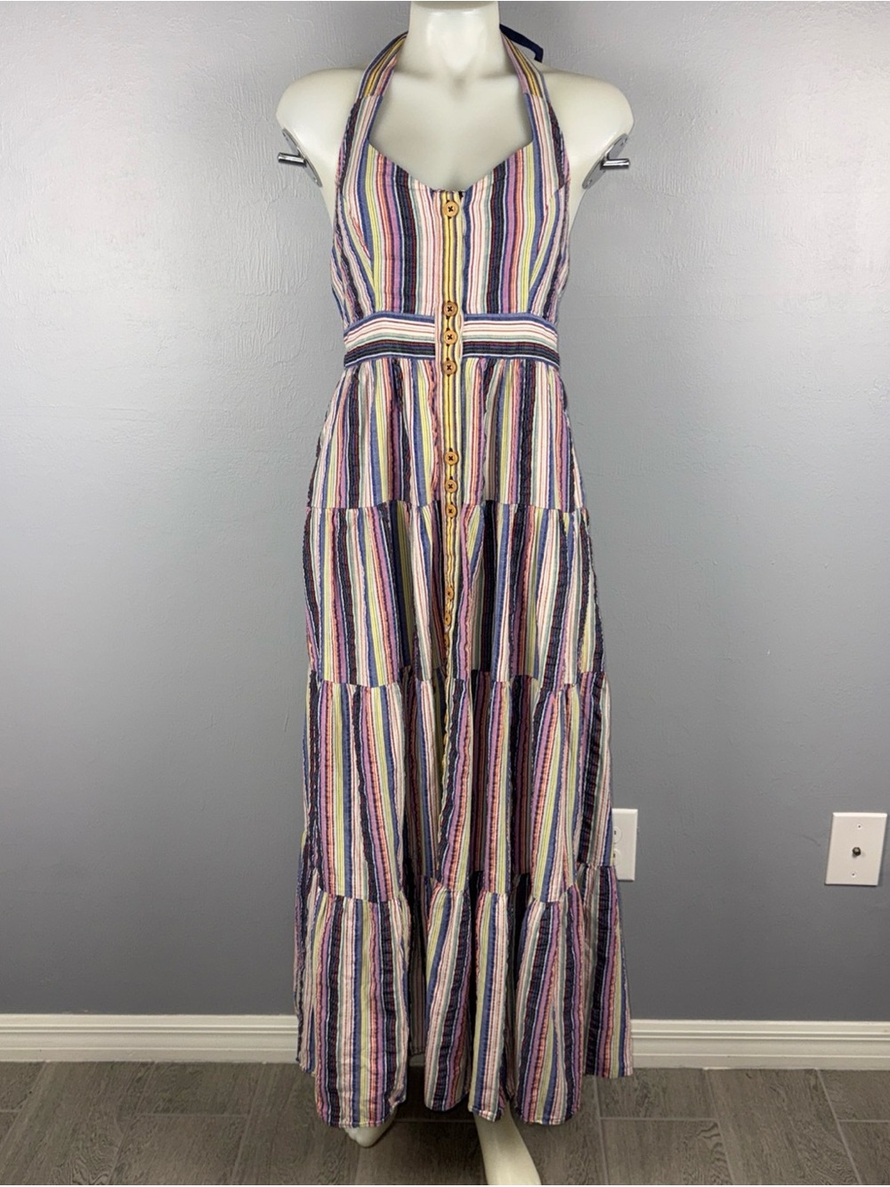 Anthropologie Maeve Spectrum Halter Maxi Dress Women’s 8 Multicolor Striped READ